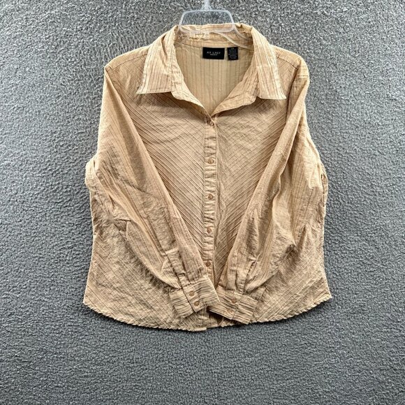 At‎ Last Womens Top 2X Tan Seersucker Long Sleeve Button Front Shirt Stretch - Picture 1 of 9